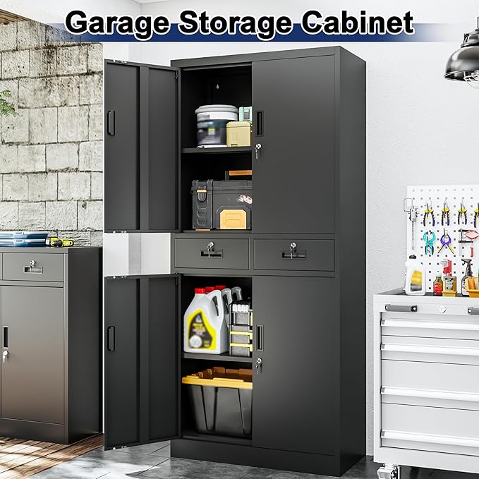 BESFUR Metal Storage Cabinet with 2 Drawers 4 Doors and 2 Adjustable Shelves Garage Storage Cabinet with Lock 71" Office Storage Cabinets Locking Cabinets for Garage Office Shop Home (Black)