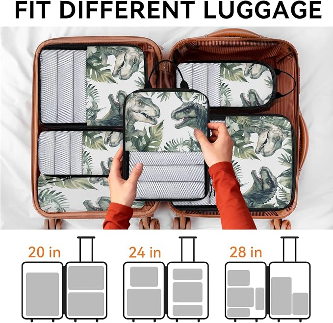 Dinosaur 6 Set Compression Packing Cubes Funny Dinosaur Expandable Packing Organizer for Travel Accessories Luggage Suitcase Bag