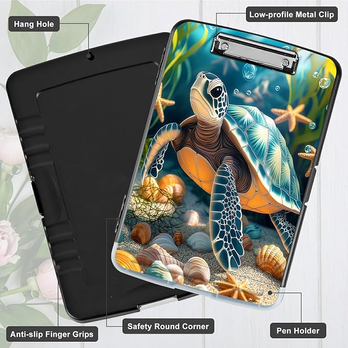 A4 Clipboard with Storage Pen Holder, Clipboards Organizer Nursing Clipboard Foldable File Folder Plastic Clipboard Folio Clip Board for Office Work Classroom Doctor, Sea Turtle Seaweed
