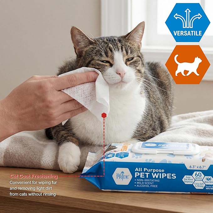 MED PRIDE Hypoallergenic Cat Wipes for Bathing and Cleaning with Aloe Vera Alcohol and Paraben-Free Extra Soft Cat Cleaning Wipes for Fur (12 Packs of 60)
