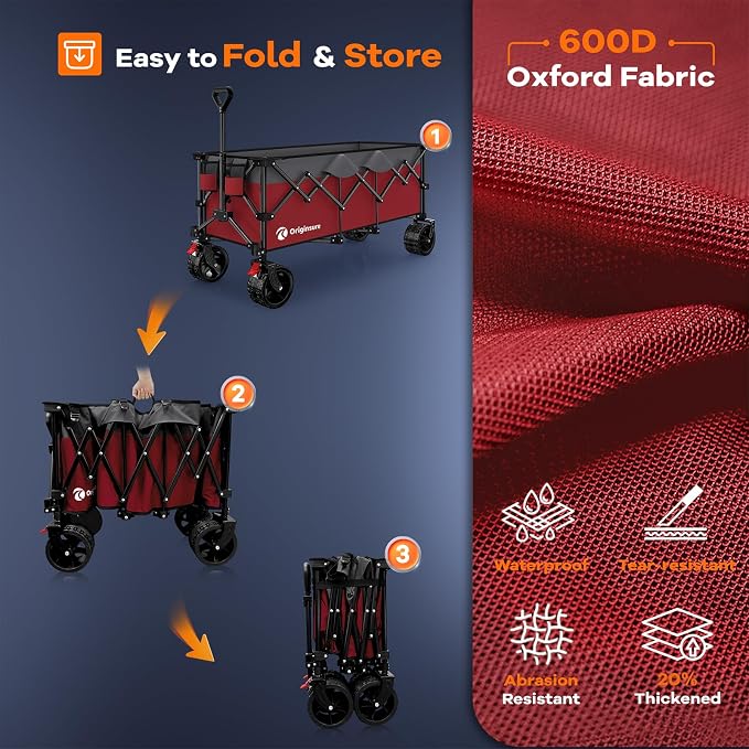 Originsure 300L Beach Wagon Cart Foldable with Big Wheels,560lbs,Grey&Red | 48" Folding Utility Wagon,7" All-Terrain Wheels,Heavy Duty Frame,Compact&Space-Saving,for Camping,Sports,Grocery,Garden