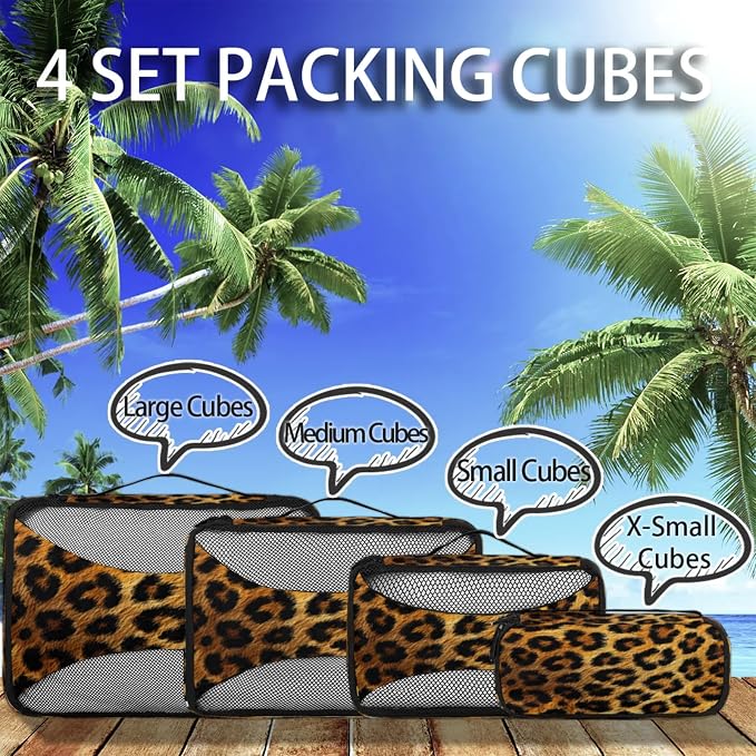 4 Set Packing Cubes for Travel, Animal Print Leopard Skin Packing Cubes for Women, Travel Luggage Packing Organizers, Packing Cube Set, Leopard Print