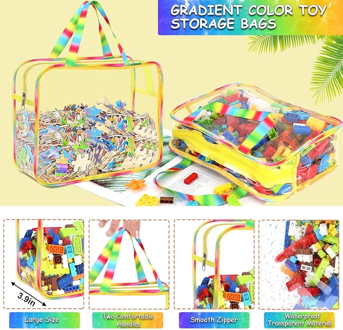 6 Packs Large Toy Storage Bags with Labels, Reusable Clear PVC Board Game Storage, Travel Waterproof Organizer Bags with Zipper Large Capacity (Gradient Color)
