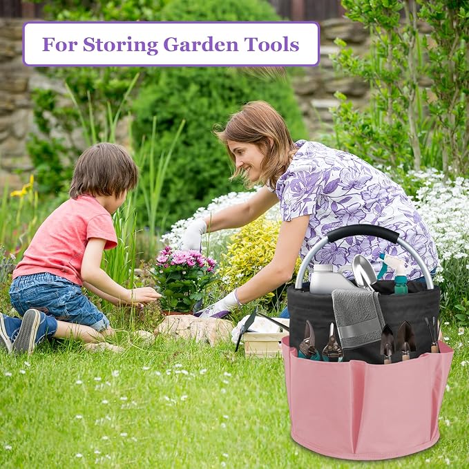 17L Cleaning Supply Caddy for Family, Portable Shower Caddy with Handle and 6 Pockets, Foldable Tool Bucket Organizer, Large Storage Basket for Camping, Gardening, Black with Pink