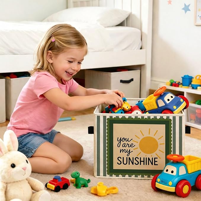 Sunshine Storage Bin, Foldable Fabric Basket for Kids Room Nursery | Foldable fabric storage bin with sunshine quote design for toys, books, clothes, nursery, bedroom, and playroom use.