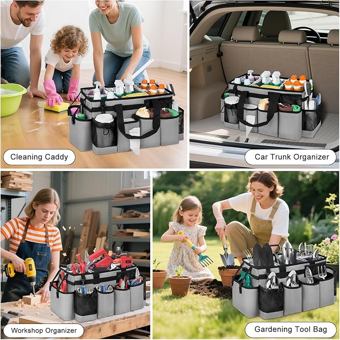 Cleaning Caddy Bag, Extra Large Cleaning Supply Bag for Housekeepers,Gray | Sturdy Cleaning Caddy Organizer for Cleaning Supplies with Handle and Adjustable Shouder Strap, Easy to Clean Design