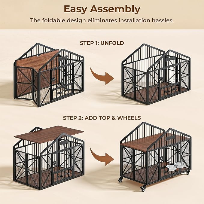 IRONCK 41.5" Foldable Dog Crate Furniture with 5 Wheels & Rotating Bowls | No assembly. 5-wheel base. 2 rotating bowls. For medium Dogs. 41.5"L x 24.8"W x 35.1"H. Rustic Brown finish.