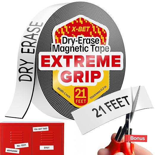 X-bet MAGNET Dry Erase Magnetic Strips, Write-On, 1in x 21ft (2.5cm x 6.4m) | Blank & Writable Flexible Magnet Roll, Sticky Labels & Stickers for Whiteboards, Refrigerator and Crafts