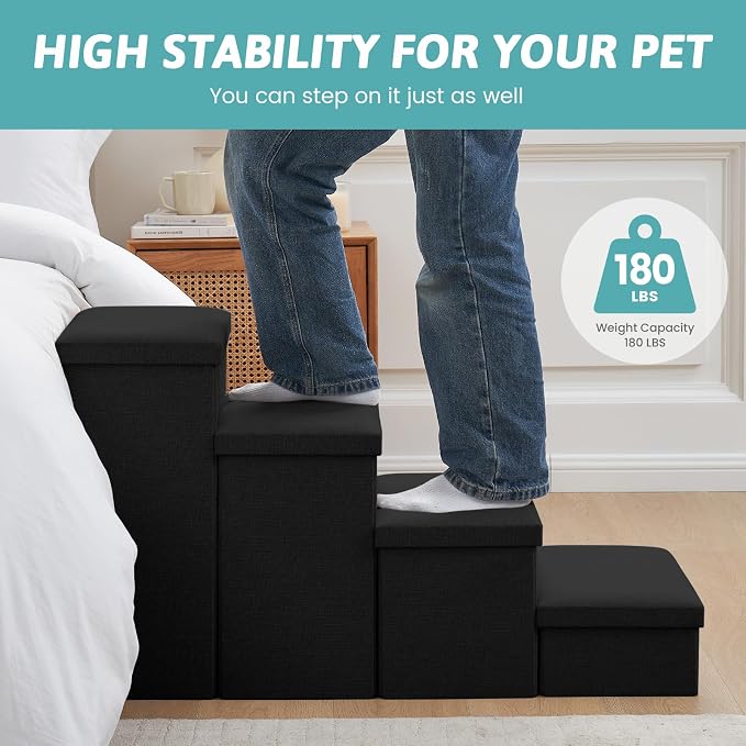 Dog Stairs with Storage, 3-Step Wider Sturdy Dog Steps for Small/Medium/Large Dogs and Older Cats, Folding Doggie Ramp for Bed/Couch/Car Hold Up to 180 lbs (16.7" H, Black)