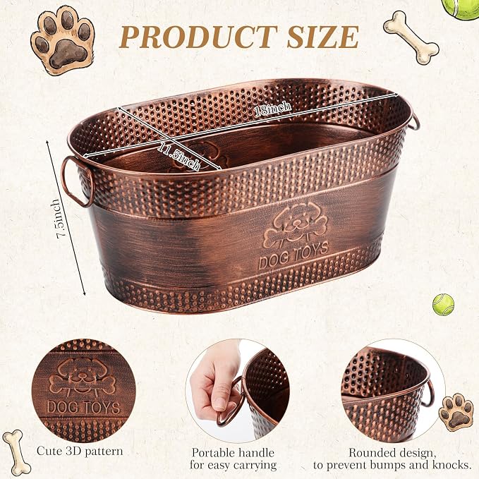 Zonon Metal Dog Toy Storage Bin with Handles 21 Quart Vintage Decorative Basket for Dog Ropes Food Living Room Decor, Galvanized Steel Pet Toy Organizer, 18x11.5x7.5 Inch(Chewing Stick)