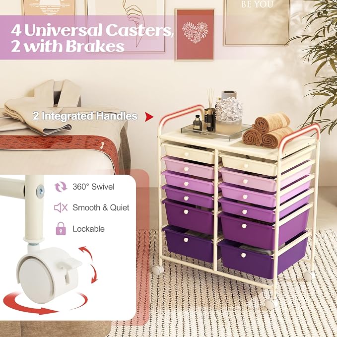 12 Drawer Rolling Storage Cart, Art Cart Organizer on Wheels, Mobile Utility Cart with Drawers, Multipurpose Craft Drawers for Home Office School Classroom (Gradient Purple)