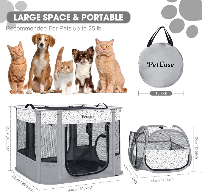 Portable Cat Playpen with Litter Box, Cat Enclosure for Camping, Cat Recovery Playpen After Surgery, Foldable Indoor Outdoor Pet Tent for Cats Rabbits Puppies (Light Gray)