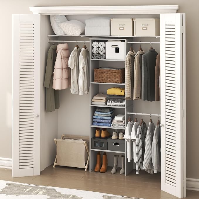 Furinno FANO Closet Organizers and Storage, 5-Tier Wide Closet Storage Organizer with 3 Hanging Bars and Adjustable Shelf, Wardrobe Closet Shelf Tower, 14.8 x 23.6 x 82.1 for Bedroom, White