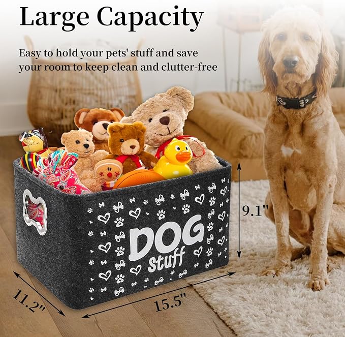 WRINGKIT 3 Pack Dog Toy Bin Basket, Large, Collapsible | Pet Puppy Storage Bin Box with Handles, Felt Storage Bin Basket for Dog Toys, Blankets, Pet Supplies Storage, Dog Room Decor