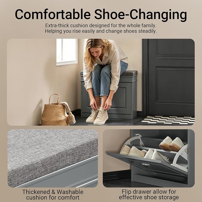 Haotian Grey Hallway Shoe Bench, Narrow Shoe Rack with Adjustable Shelf, Small Shoe Cabinet with 1 Flip-Drawer and Seat Cushion, FSR82-K-HG