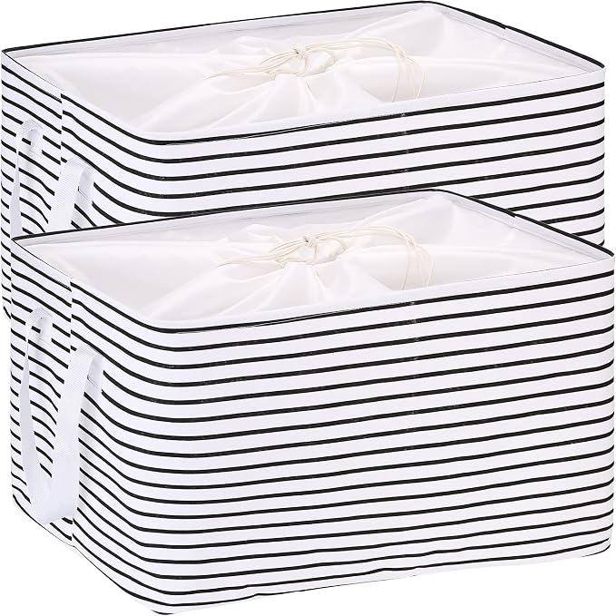 Hinwo 102L XXL Canvas Storage Bin with Lid and Handles, 2-Pack | Collapsible Fabric Baskets, Closet Shelf Organizers, Containers for Clothing, Blankets, Toys, Bedding (Black Stripe)