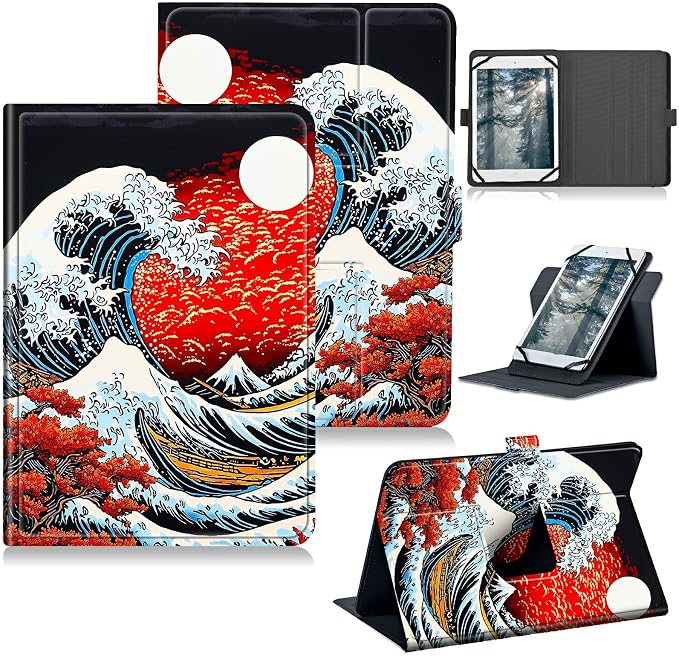 Universal Tablet Case for T-Mobile Revvl Tab 2 10.1" 2025/Revvl Tab 5G 10.36" 2023, 360 Degree Rotating Kickstand Protective Stand PU Leather Shell Cover for 9"-10.5", Red Sunset Waves