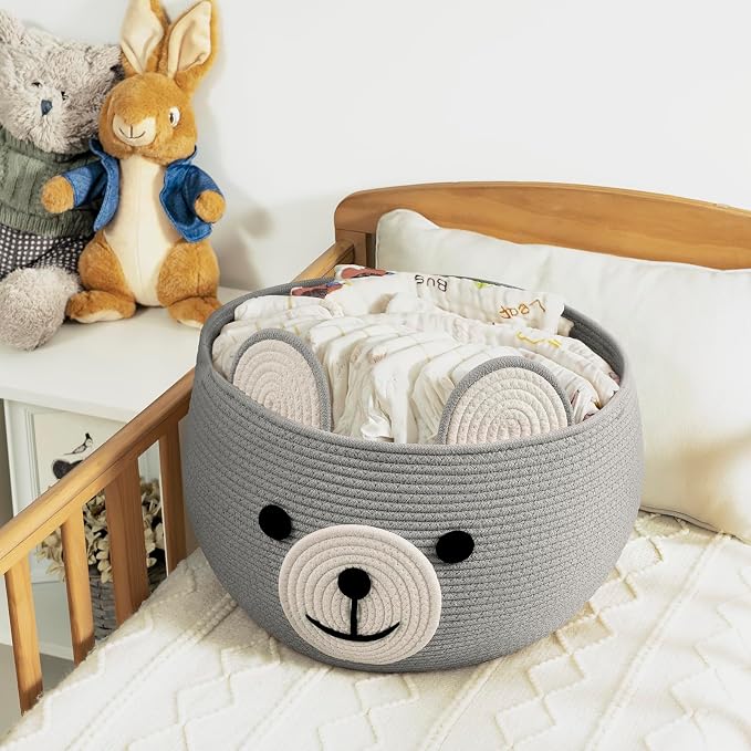 CherryNow Large Baby Basket for Gifts Empty, Cute Bear Design, Light Grey | 15.7" x 10.5" Baby Shower Basket for Kids Boys Newborn Storage, Woven Rope Toy Basket, Fits Living Room Nursery Décor