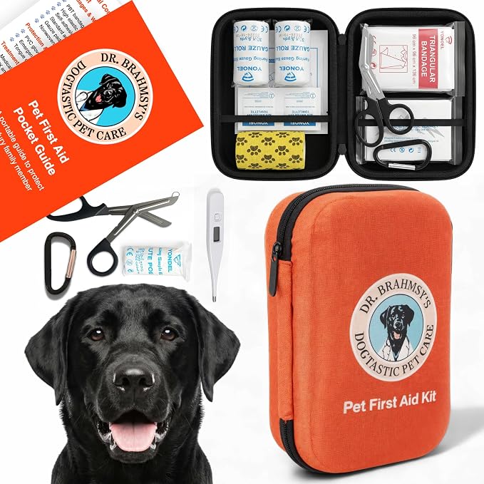 Dr Brahmsy’s Pet First Aid Kit for Dogs and Cats - Vet-Approved Essential Survival and Emergency Supplies for Home, Travel, Camping, Hiking - Packed in a Portable Waterproof Pouch - 45-Piece Set