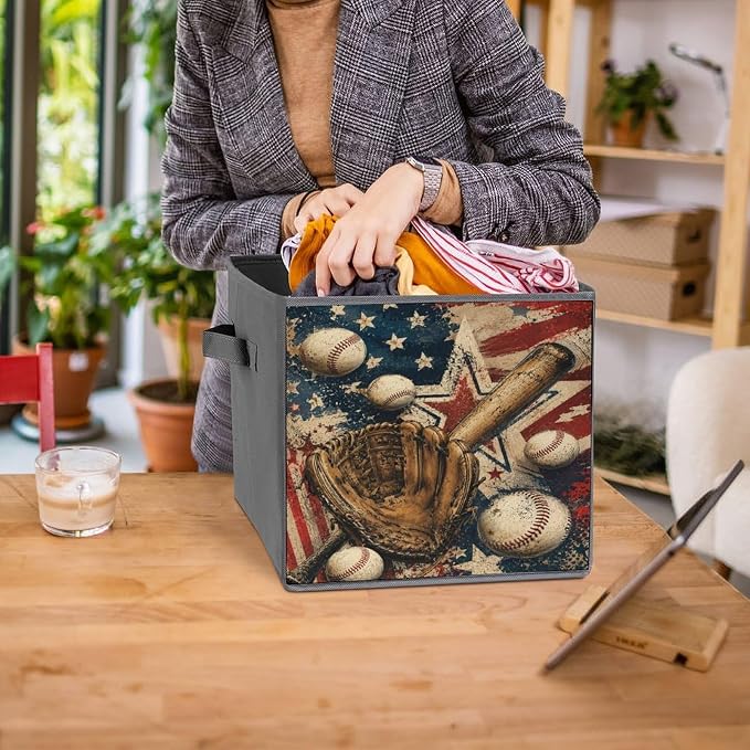 Baseball Glove Bat And Balls American Flag Design Storage Bin with Handles, Oxford Fabric Foldable Storage Cube Organizer for Clothes, Towels, Bedroom, Living Room, Home Organization
