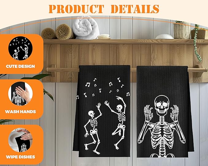 Kitchen Towels Set of 2, Rock and Roll Skeleton Dish Towel for Bathroom Kitchen, Skull Decorative Hand Towels, Gothic Fast Drying Tea Towel, Housewarming for Women Mom -02