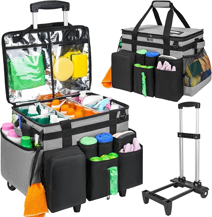 Cleaning Cadddy Bag with Rolling Cart, Large Cleaning Bag with Wheels | Cleaning Supplies Organizer with Detachable Trolley for Housekeepers, Housekeeping Cleaning Cart with Shoulder Strap & Handle