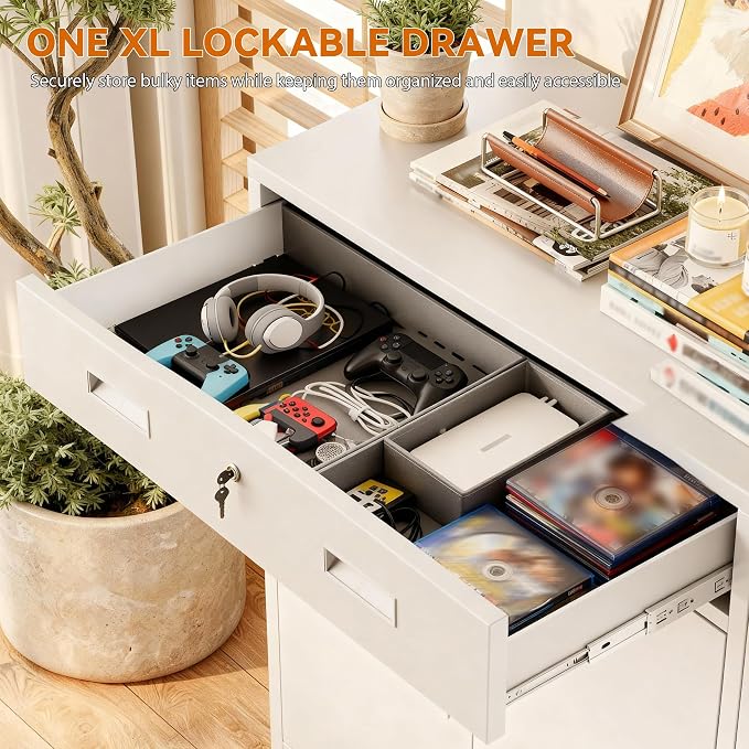 BESFUR Metal Garage Storage Cabinet with One Lockable Drawer 2 Locking Doors and an Adjustable Shelf, 36" White Metal Short Storage Cabinet for Home Office, Garage,School,Utility Room