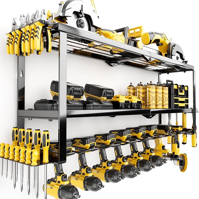 Extra Tall Power Tool Organizer Wall Mount,3 Layer,8 Drill Holder,Black | Loads 300 LBS,Heavy Duty Metal Extra Tall Tool Rack,For Battery Storage,Cordless Utility Tool Shelf for Garage, Workshop