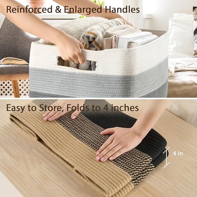 Optish 95L Large Woven Blanket Basket, Storage Basket with Handles, Grey | Sturdy Cotton Rope Basket Organizer Blanket, a lot of Toys, Comforter, Pillows, Bedroom, Living Room, Bathroom, Easy to Carry