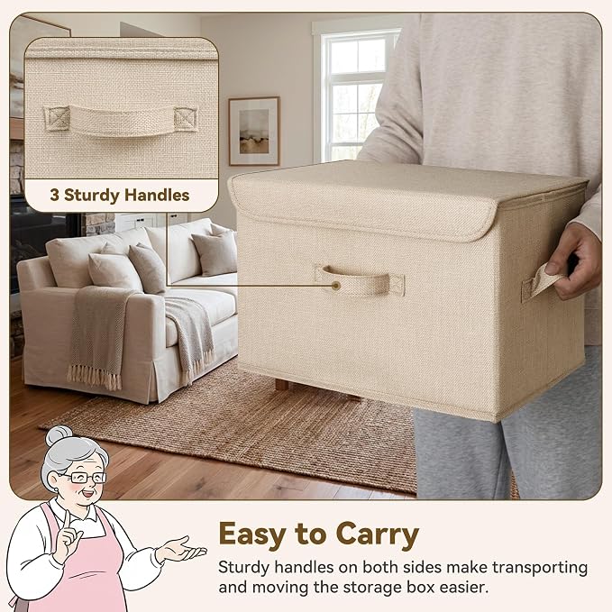 GRANNY SAYS Memory Keepsake Storage Box, Fabric Storage Bins with Lids | Flip-Top Lid, Collapsible, Stackable, 3 Handles, Ideal for Closet Clothes Blanket Toys, Large, Ivory White&Khaki, 2-Pack