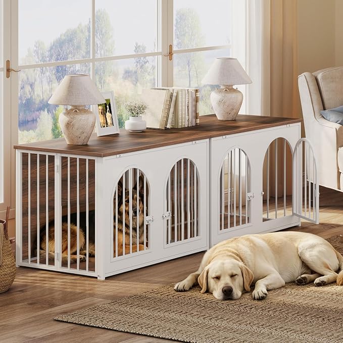 YATINEY 37.4" Dog Crate Furniture Foldable, Assembly-Free Dog Kennel | Arched Design, Collapsible Dog Crate, Dog Cage End Table, with Secure Door Lock, for Living Room, Hallway, Bedroom