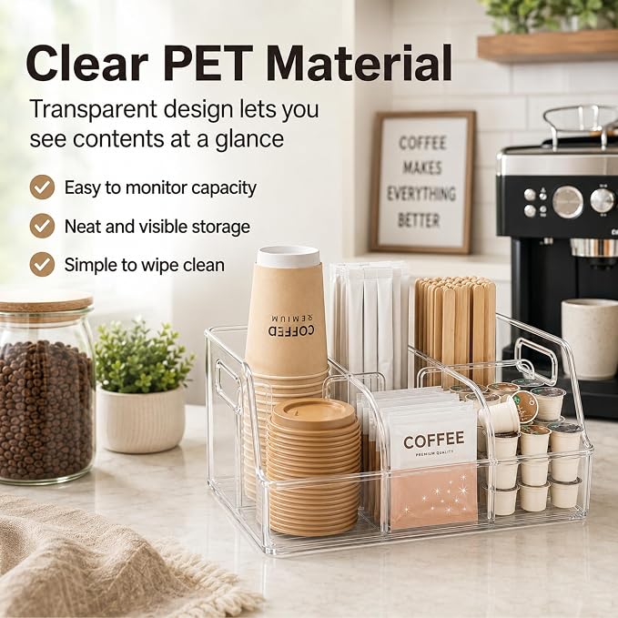 Coffee Station Organizer for Countertop, PET with Removable Dividers | Clear Plastic, Kitchen and Break Room Use, Coffee Caddy, Coffee Bar Accessories, Side Handles, Six Compartments, Easy View