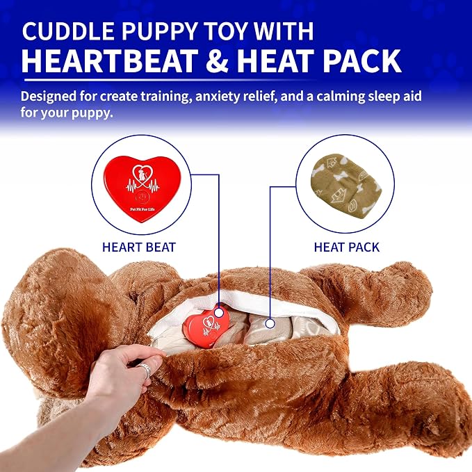 Pet Fit For Life Cuddle Pup Toy with Heartbeat & Heat Pack - 23" Long Large | Heartbeat & Heat Pack with USB Rechargeable Design. Huggable Teddy Bear Texture for Crate Training and Cozy Comfort.