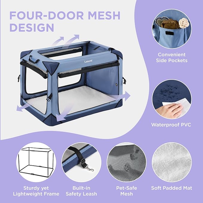 Lesure Portable Soft Collapsible Dog Crate for Large Dogs, 36in Blue | Travel Camping Pet Kennel, 4-door, Indoor and Outdoor Use, Easy to Set Up and Fold, For Large Breeds Up to 70lbs