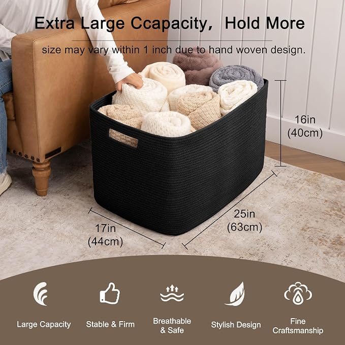 OIAHOMY 118L XXXLarge Rope Storage Basket, Oversized Blanket Basket Black | 25" x 17" x 16" Used for Organizing Dirty Clothes in Living Room, Bedroom, Nursery, Extra Large Basket,Dog Toy Storage Bins