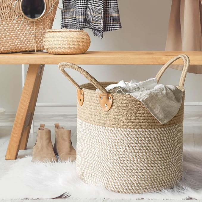 CHICVITA Wicker Storage Basket with Leather Handles, 14" x 12", White | Decorative Woven Basket for Toys, Shoes, Blankets & Laundry Storage, Living Room & Bedroom Organizer, Indoor Plant Basket