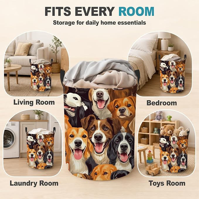 Cute Puppy Dog Faces Dirty Clothes Hamper,Foldable Laundry Basket with Handles,Pet Lover Waterproof Oxford Cloth Storage Bin for Bedroom Bathroom Nursery,16 x 20 Inch