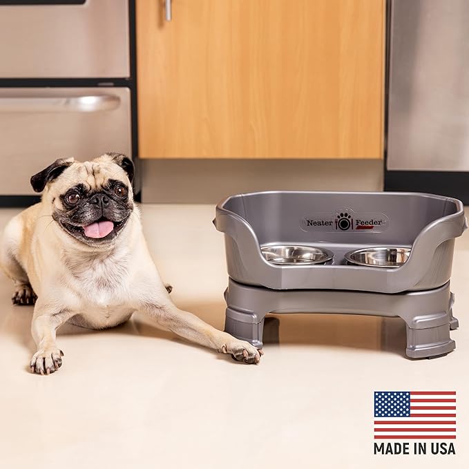 Neater Feeder Deluxe Mess-Proof Elevated Dog Bowls for Small Dogs (Up to 19 lbs), 2 Height Adjustable (6” & 7.5”) No-Spill Raised Dog Bowl Stand, Stainless Steel Food Bowl Set, Made in USA, Gunmetal