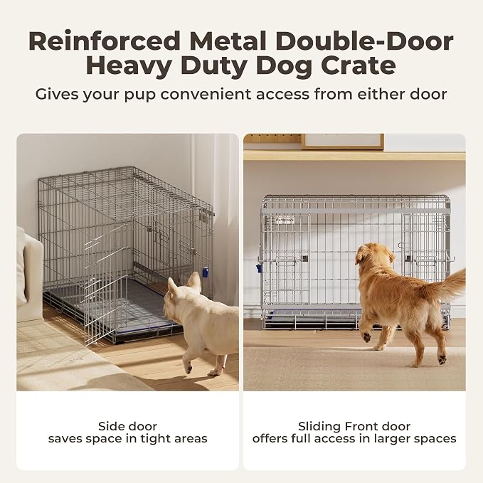 36 Inch Collapsible Dog Crate for Medium Dogs Heavy Duty Dog Kennel | Sliding Door, Double Door, with Soft Mat, Leak-Proof Tray, Easy Foldable & Assembly