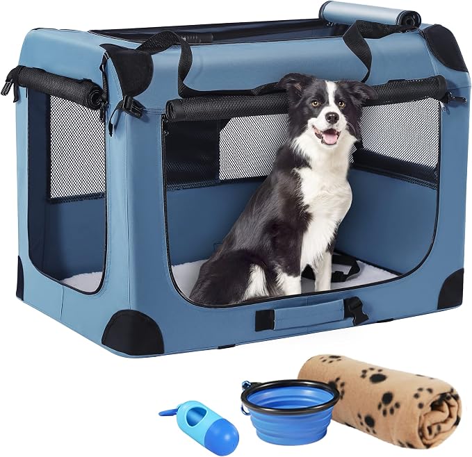 Petprsco Portable Dog Crates for Medium Dogs, 32"x23"x23" Travel Dog Crate | Collapsible Dog Crate with Plush Mat, Soft Blanket & Foldable Bowl, Strong Fabric, 4-Sided Vents, 3 Doors, Indoor/Outdoor Use