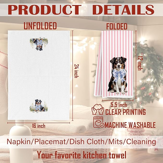 Australian Shepherd Gifts Kitchen Towels, Pink and White Chinoiserie Bow Aussie Dog Dish Tea Towels, Grandmillennial Floral Dog Decorative Hand Towel for Bathroom, 16x24 Inch Set of 2