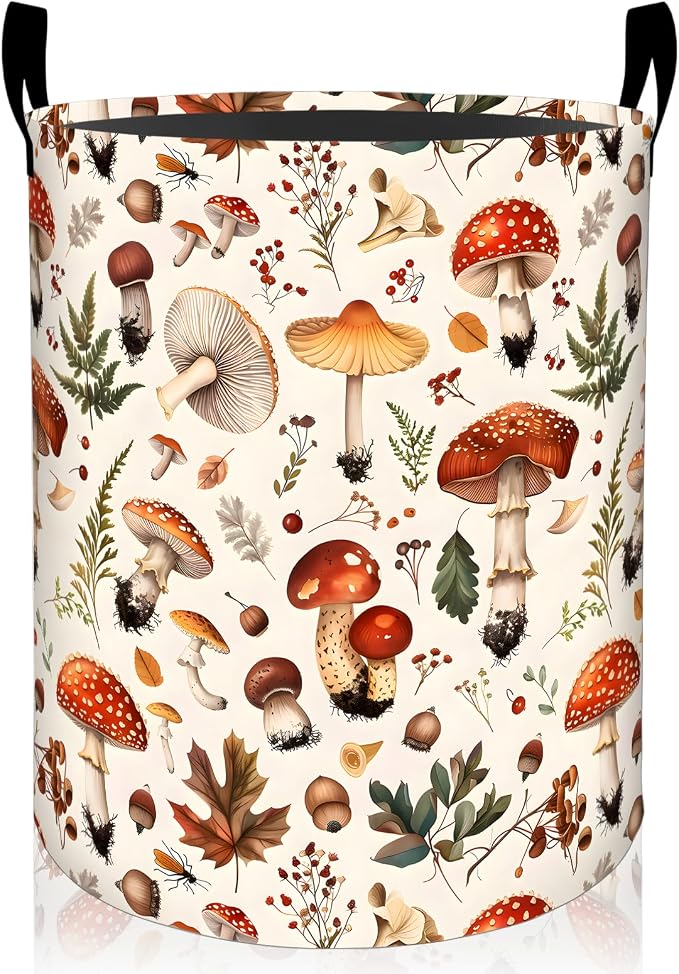 Mushroom Laundry Basket, Forest with Fern Botanical Oxford Cloth Dirty Clothes Collapsible Hamper for Room Decor, Woodland Gifts, Toy Organizer 19.7 x 15.7 Inches for Bedroom Bathroom Dorm