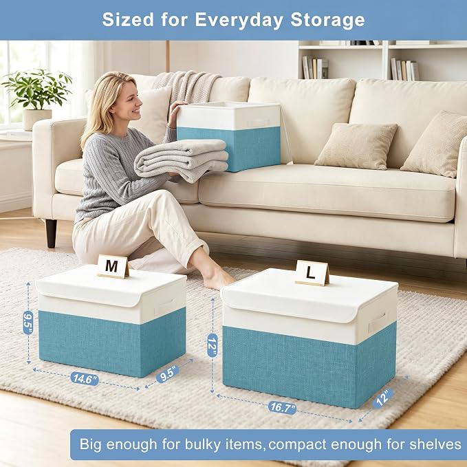 Large 22 Quart Linen Fabric Foldable Storage Bin Cube Organizer Basket with Flip-Top Lid & Handles, Clothes Blanket Box for Home, Office, Closet, Teal & White, 4 Pack 14.6 x 9.5 x 9.5