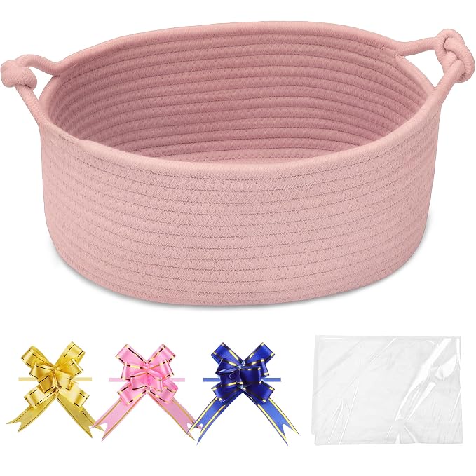 COMSE Small Gift Basket Empty with Bag & Ribbons, Solid Dusty Pink | Cotton Rope, 12"x 8"x 5", Pet Toy Storage Organizer, Woven Basket for Birthdays, Baby Showers, Mother’s Day, Valentine’s Day