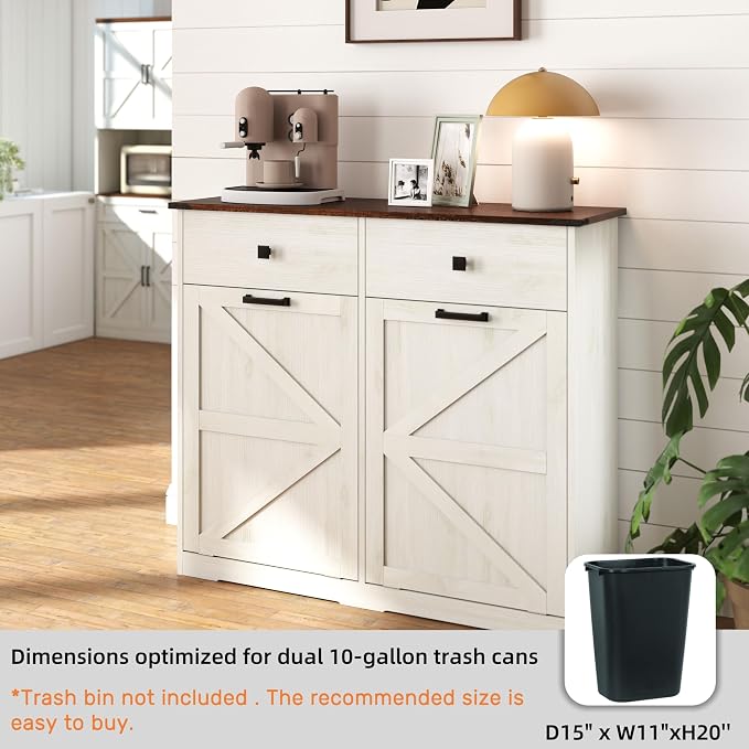 Double Tilt Out Trash Can Cabinet for 20 Gallon,Hidden Dual Laundry Cabinets with 2 Drawers & 2 Baskets, Barn Door Style Garbage Cabinet for Kitchen