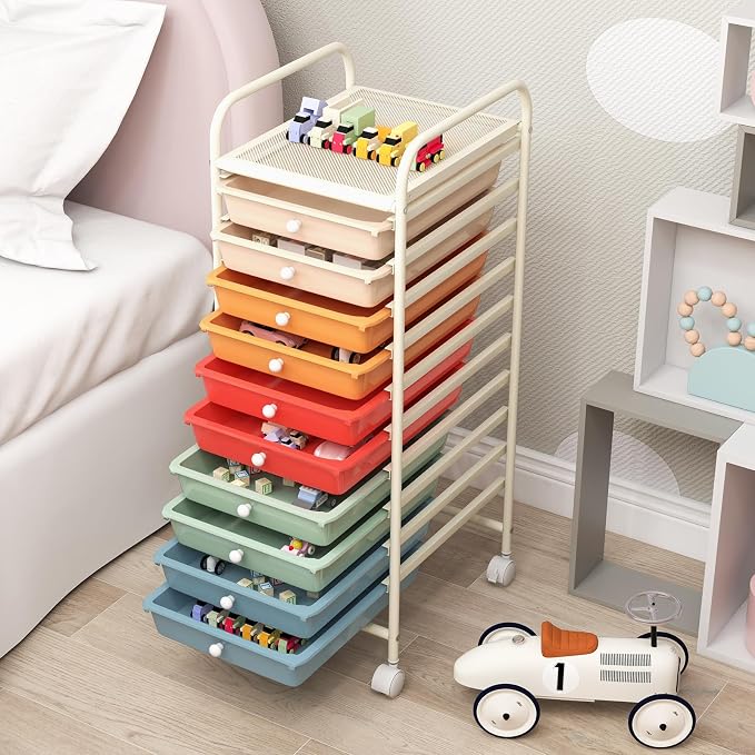 10 Drawer Rolling Storage Cart, Organization Cart with Drawers for Craft Makeup Paper Tool Art Supply, Versatile Utility Cart on Wheels for Home Office Classroom School (Macaron Multicolor)