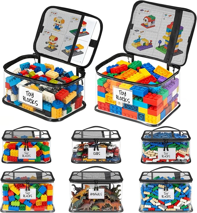 6 Mixed Pack Large Toy Storage Bags, Clear Toy Organizer with Labels | Waterproof PVC Toy Organization and Storage, Suitable for Storing Building Blocks, Puzzles, Dolls and Board Games