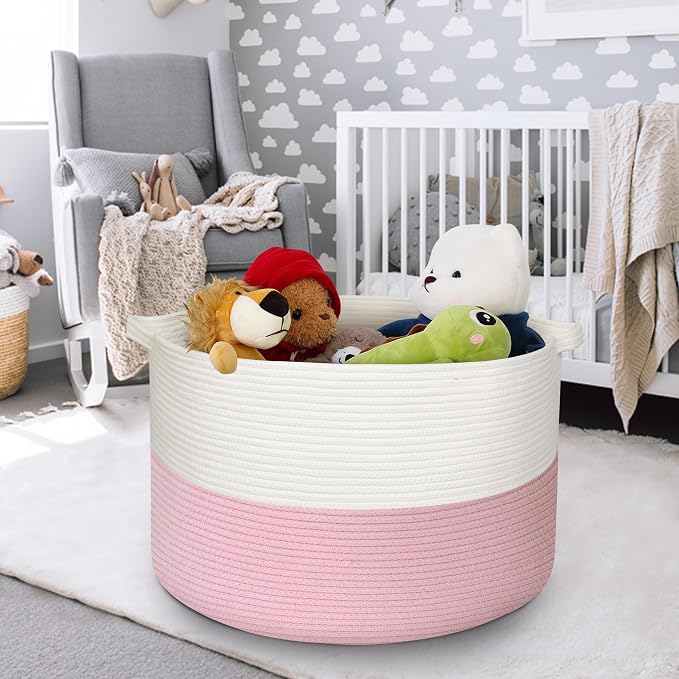 MEGASKET 115L Pink Basket for Organizing, 23.6“x15.7" XXXL Blanket Storage for Living Room, Extra Large Toy Box, Soft Woven Cotton Rope Bin, Decorative Baby Nursery Basket, Girls Pink Room Decor