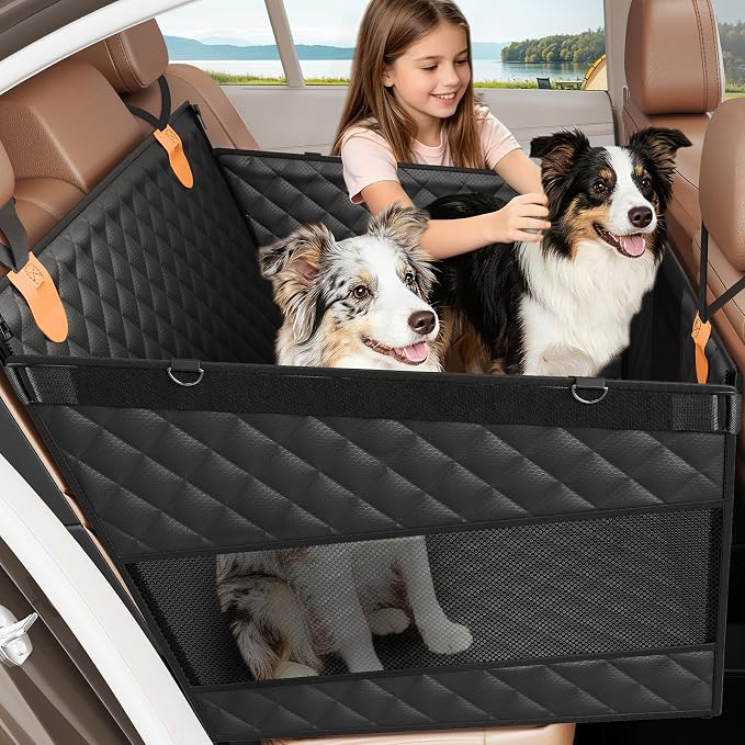 Large Dog Car Seat, Back Seat Extender for Dogs with Hard Bottom | Waterproof Medium Carseat for Dogs with 3 Mesh Windows, Pet Seat Cover for Cars, Trucks and SUVs