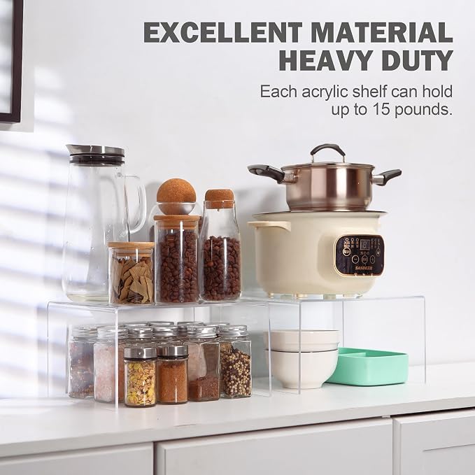 Clear Acrylic Cabinet Organizer Shelf 4Pcs, Stackable Cabinet Shelves, Dish Organizer for Cabinet, Kitchen Cabinet Organizer Riser, Pantry Cupboard Storage for Spice Bottles, Mugs, Small Plates & Jars